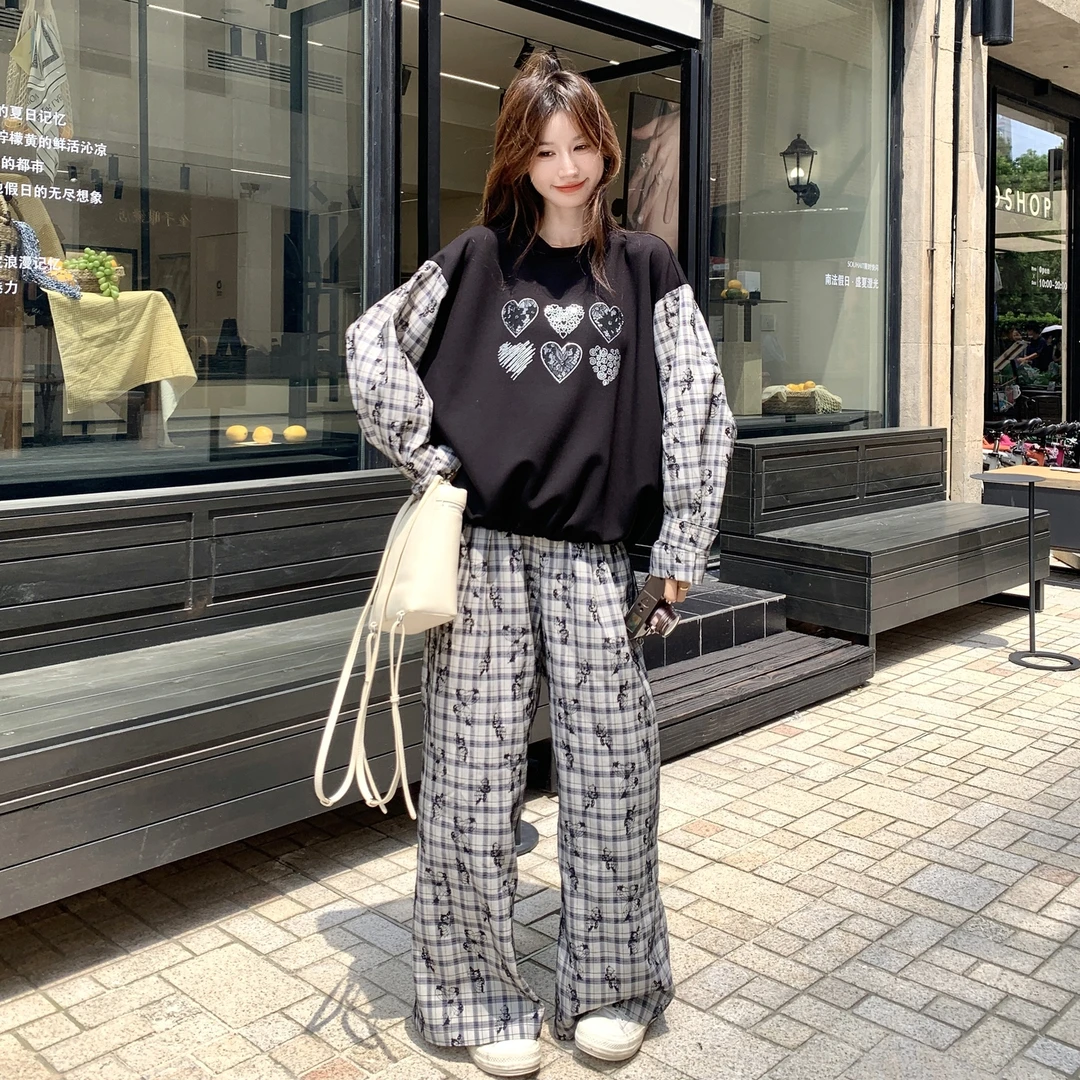 休闲慵懒风减龄百搭套装女2025秋季新款时尚拼接上衣格子裤两件套