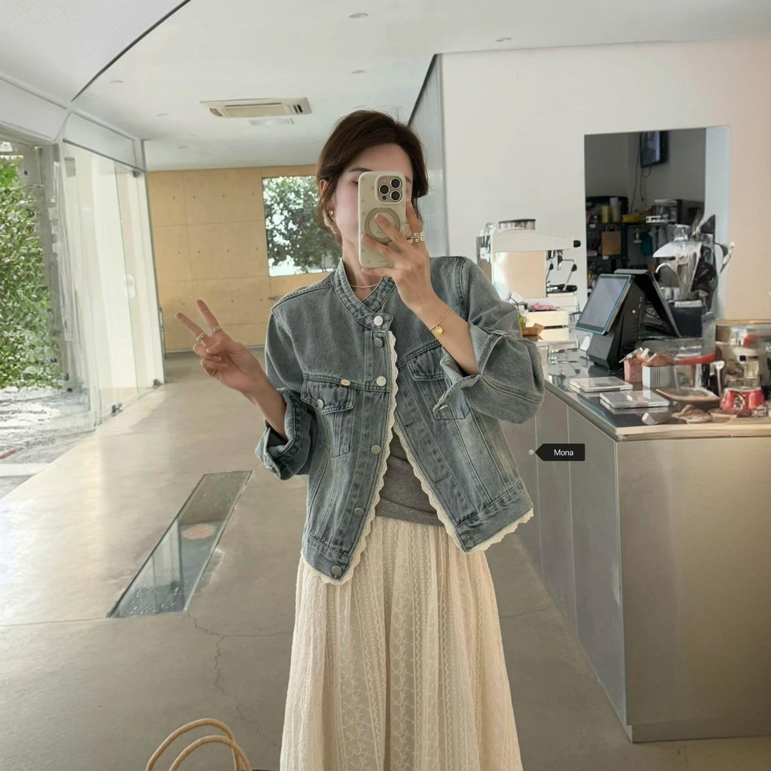 6500韩系复古休闲拼接设计蕾丝花边牛仔外套短款2025春季显瘦百搭