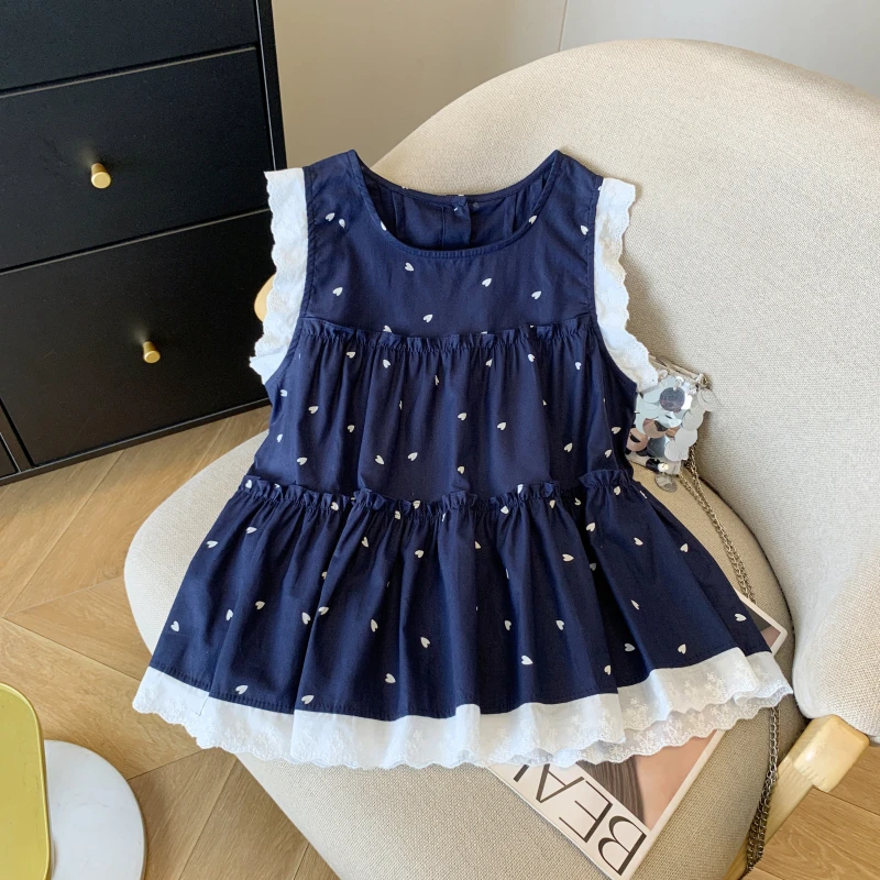 时尚设计感宽松显瘦圆领爱心印花木耳花边飞飞袖小衫上衣