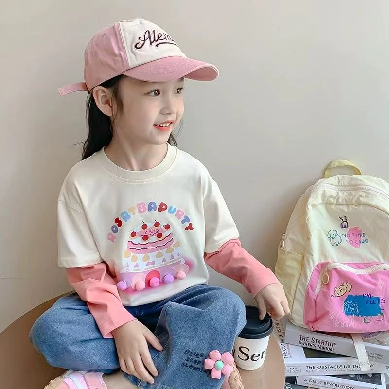 女童长袖t恤春秋款2025新款假两件宝宝儿童上衣秋装打底衫T