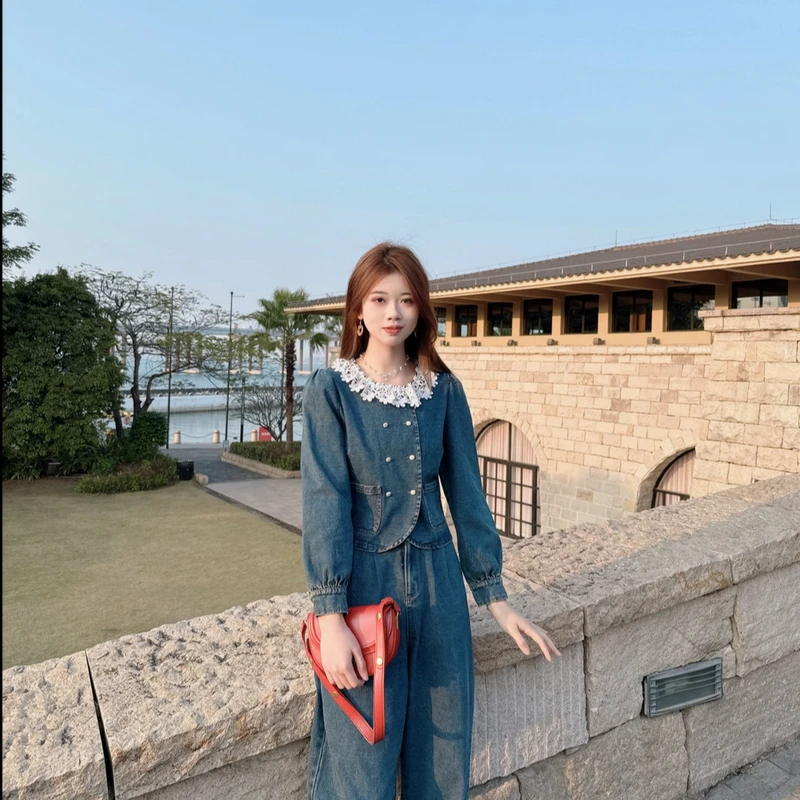 法式花边牛仔小衫直筒裤套装春季ins风时尚两件套装SZ1906215