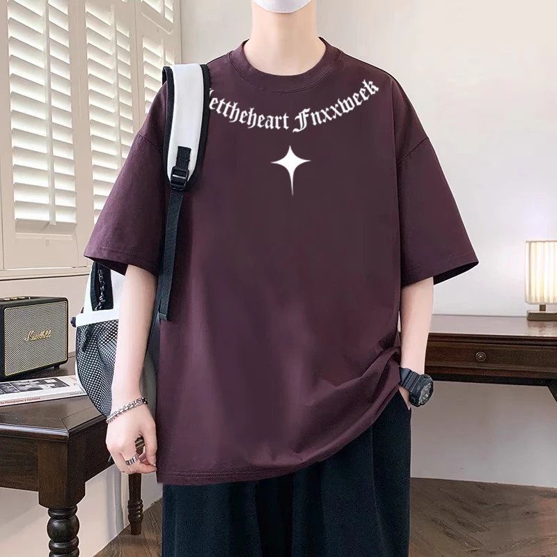 潮牌纯棉短袖T恤男生宽松大码美式情侣上衣服潮流微胖男生半袖ins