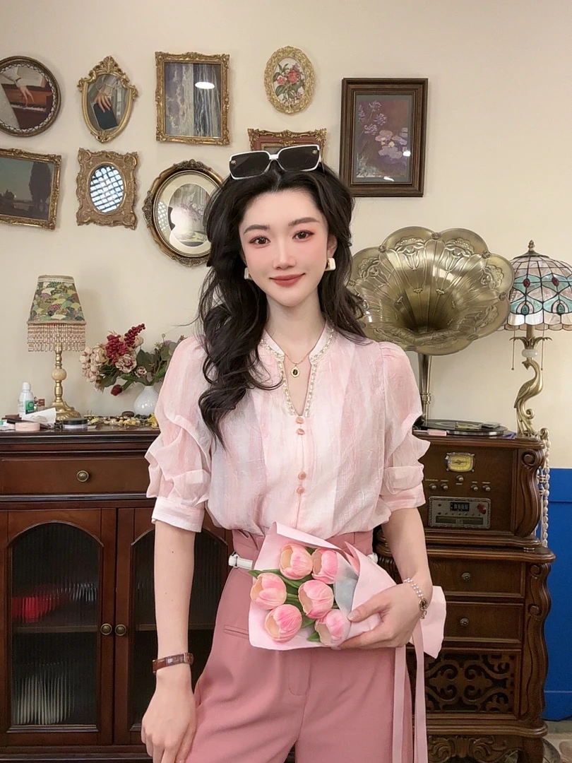 【十一港风】法式复古温柔设计感气质百搭短袖衬衫2504Y5198