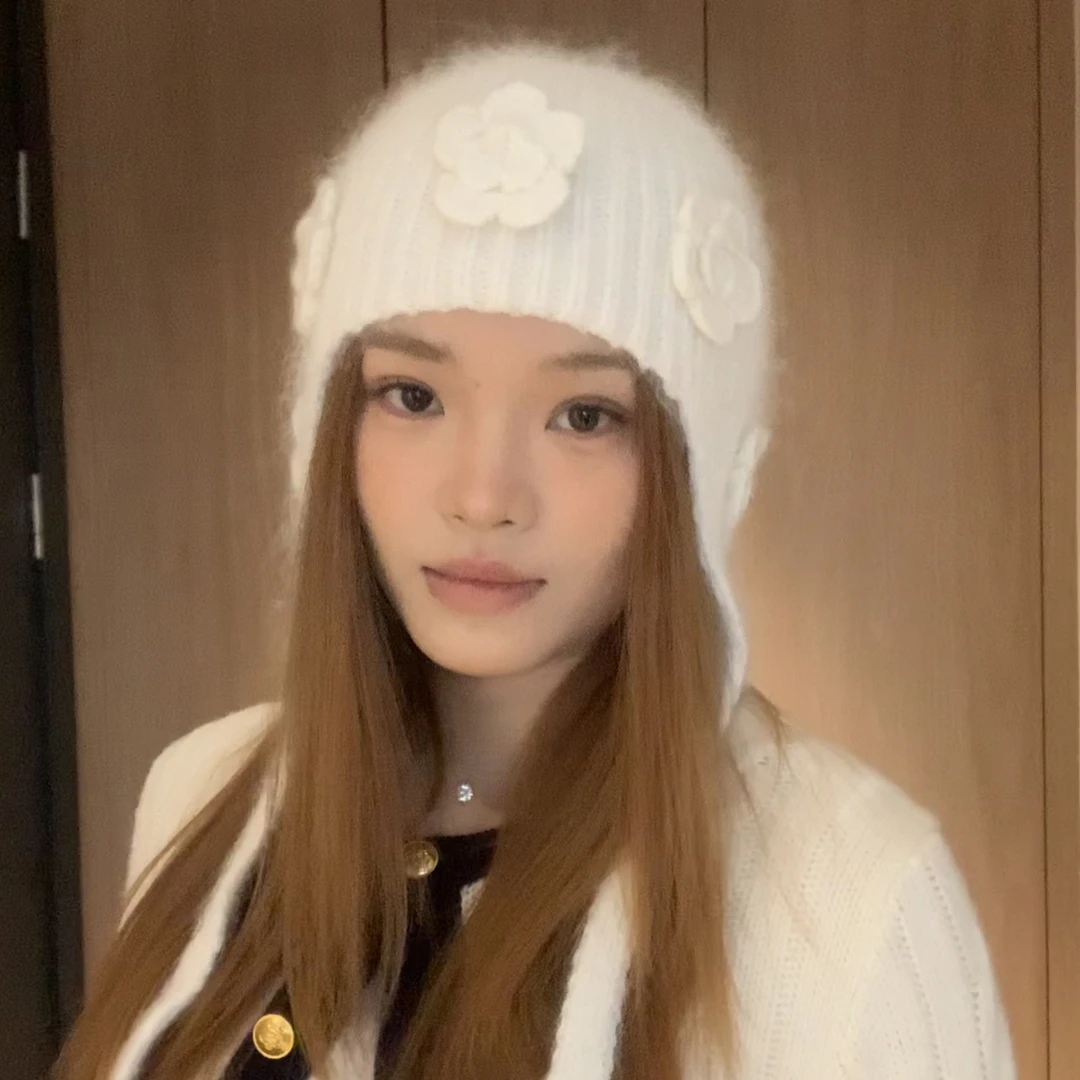 兔毛混纺秋冬花朵针织帽包头护耳韩系帽子宽松大头围
