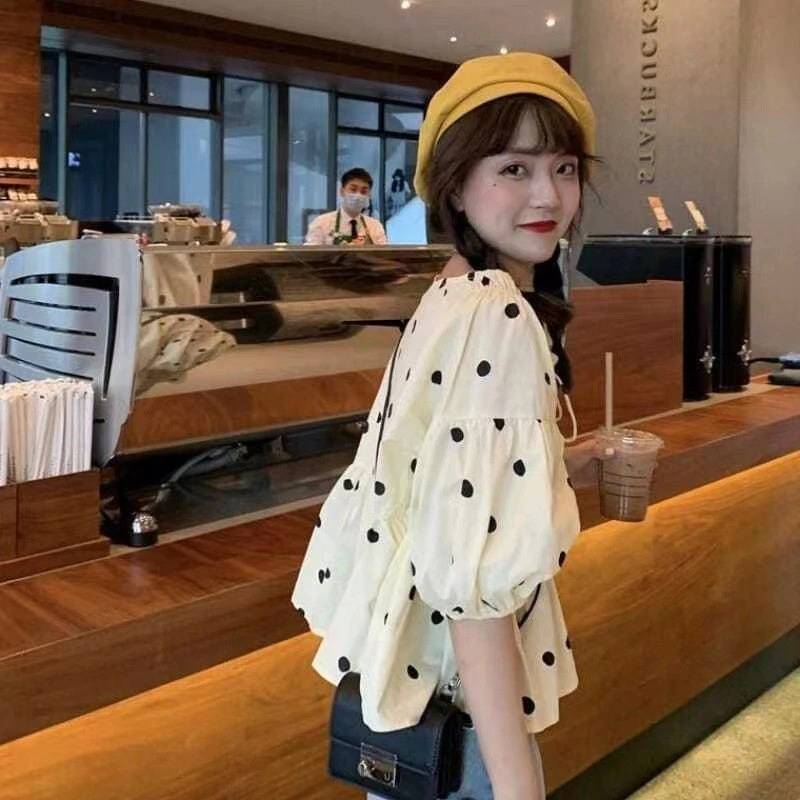 气质短袖衬衫雪纺波点新款韩版泡泡袖系带衬衣女装宽松显瘦气质