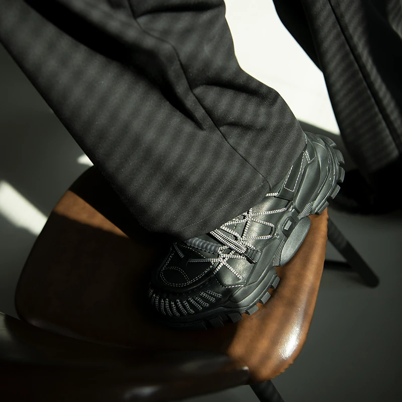 男士老爹鞋男鞋高帮跑步弹力情侣款休闲黑色时尚百搭运动内里羊皮