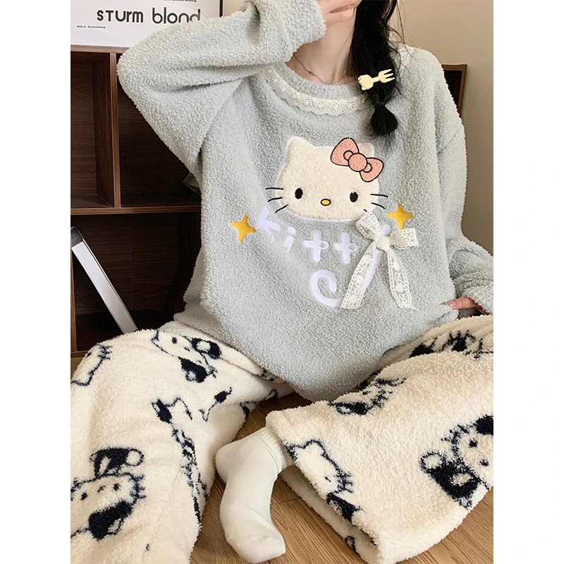 可爱睡衣女秋冬季加厚半边绒保暖卡通可外穿家居服套装