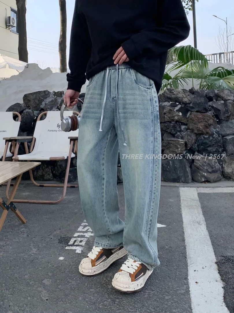 男士休闲牛仔裤直筒百搭宽松韩版美式夏季潮流水洗做旧复古高街