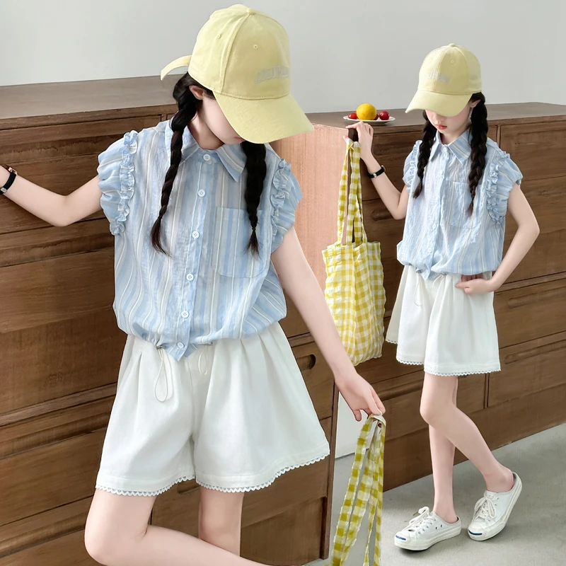 女童夏装套装2025新款洋气中大童韩版条纹衬衫夏季休闲短裤两件套