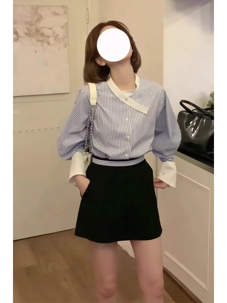 设计感小众蓝色条纹长袖衬衫上衣女2025秋季新款爆款内搭叠穿衬衣