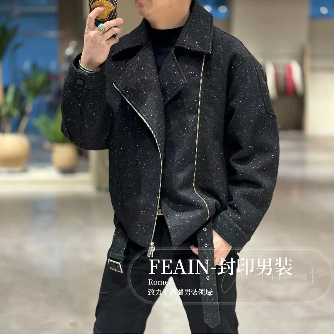 【鹅绒羊毛】高端定制羊毛满天星鹅绒机车潮牌夹克羽绒服23839