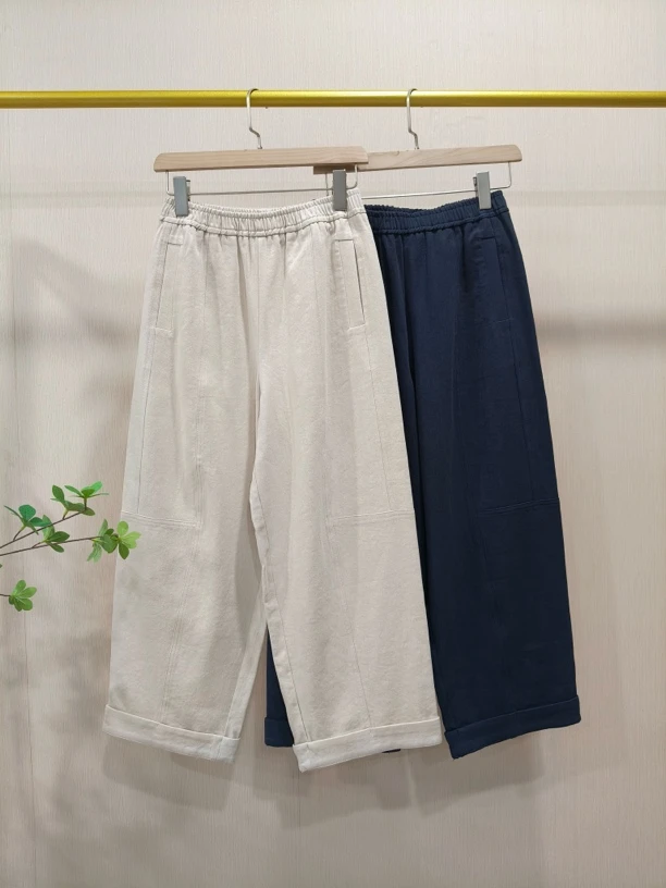 【Hua】53夏季新款百搭宽松纯色舒适简约松紧腰砂洗亚麻棉休闲裤