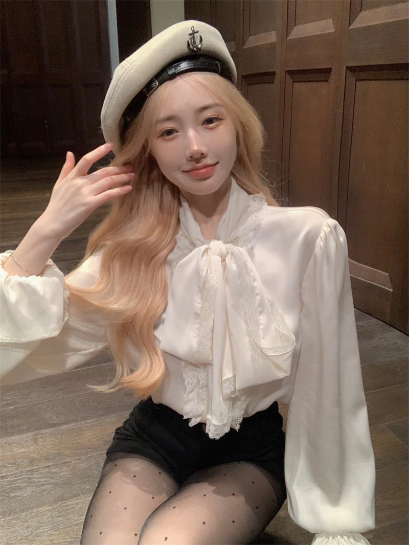 法式蕾丝花边系带衬衫女2025春秋新款设计感小众气质别致上衣