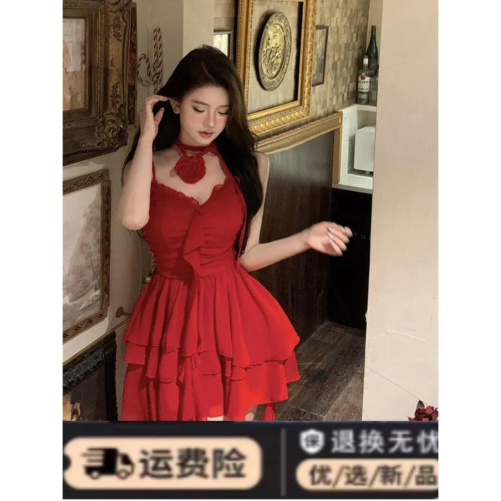 夏季新款甜辣妹收腰不规则裙子大码胖mm法式复古红色吊带连衣裙女