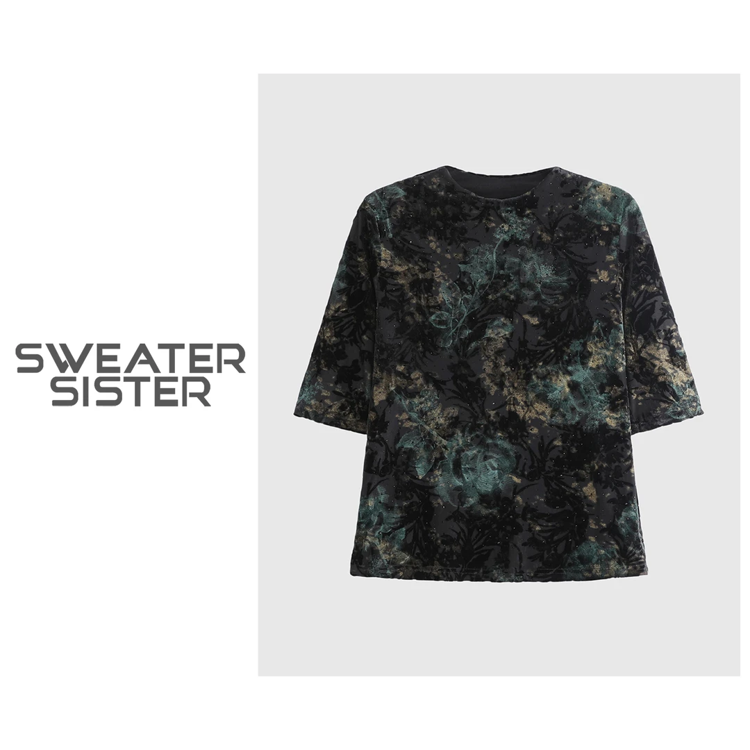 秋季圆领烫钻烧花中袖弹力网纱植绒打底衫T恤女449-8915