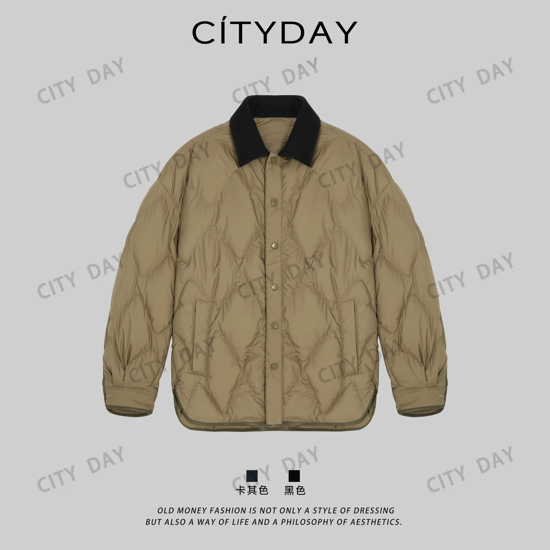 CityDay【楠哥】菱格轻羽 拼皮撞色领老钱风衬衫式轻薄羽绒服 25031