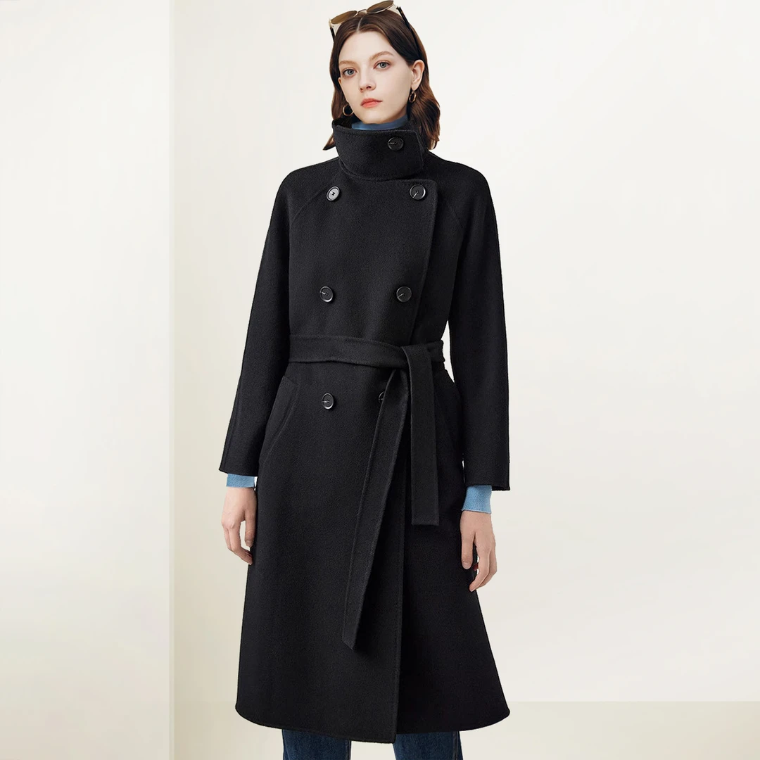 QOOEL时尚高级气质优雅外套2025冬季新款修身复古双排扣毛呢大衣