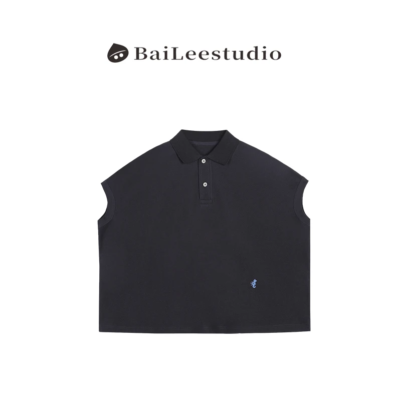 【柏栗良品】2025春季新品日系原宿风宽松型宽肩polo领短袖T恤8643