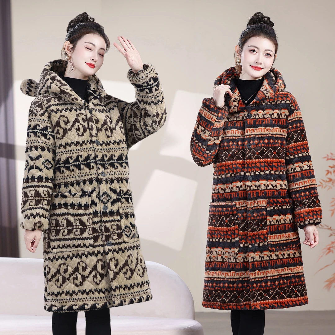 加绒加厚款中长款连帽冬季棉服棉衣复古印花中长款植绒民族风女装
