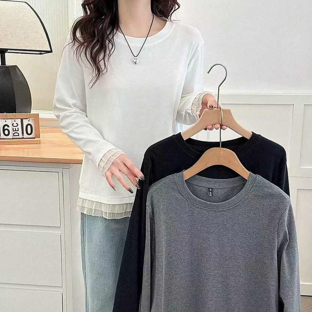 大码百搭显瘦气质圆领纯色拼接花边长袖打底衫