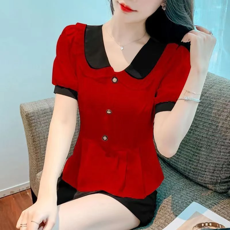 娃娃领短袖衬衫泡泡袖上衣女春夏季新款收腰洋气漂亮显瘦减龄小衫