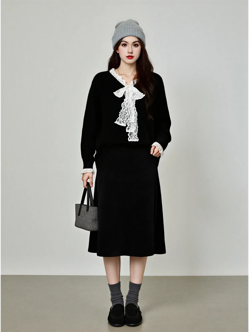 大码女装设计感花边v领绑带上衣2025冬胖mm气质针织衫女毛衣