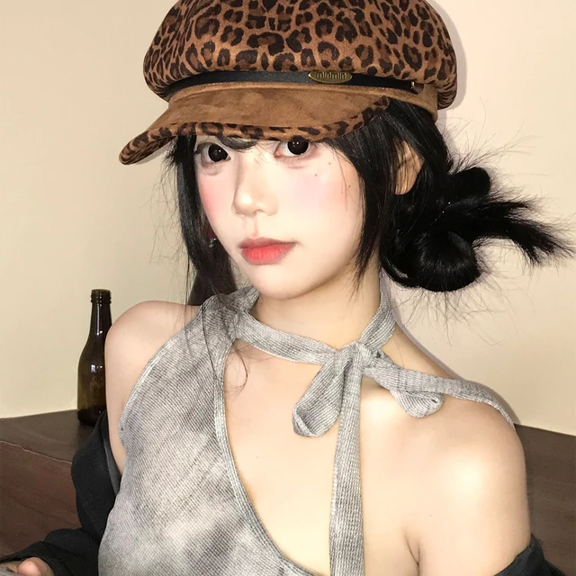 千禧辣妹风豹纹贝雷帽女美式覆古八角帽大头围显脸小报童画家帽子