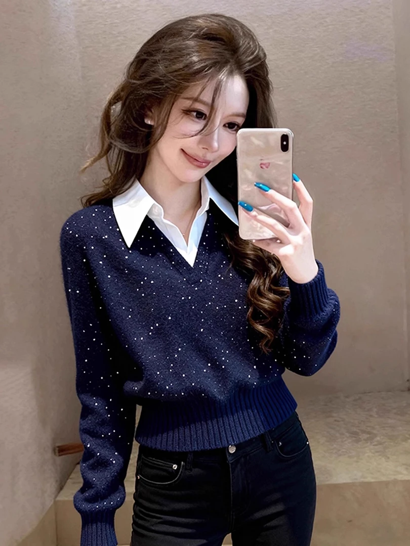 藏蓝色Polo领假两件针织衫女巨好看的秋冬打底高级感亮片毛衣上衣