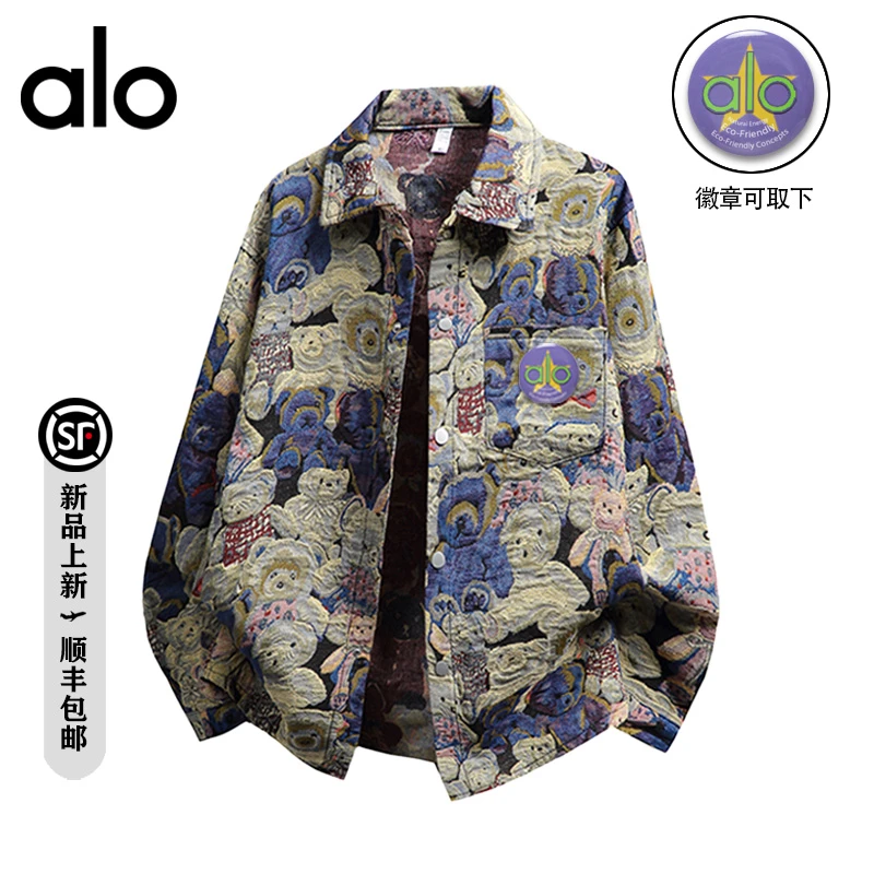alo潮牌  星星徽章别针秋季宽松时尚小熊印花长袖衬衫外套男上衣