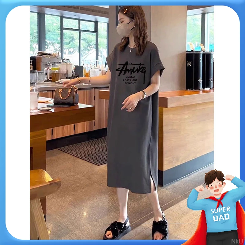 长款连衣裙季大码女装慵懒风休闲宽松过膝长裙短大码女装夏季T恤