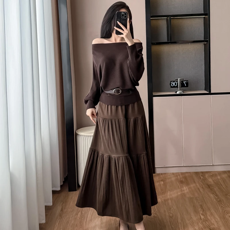 法式气质名媛风高级感一字领露肩针织上衣压褶半身长裙两件套女