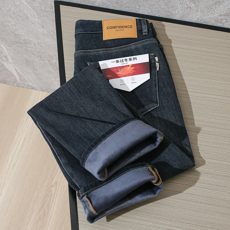 一体绒厚实品牌撤柜加绒牛仔裤男款直筒裤中青年男士冬季保暖长裤