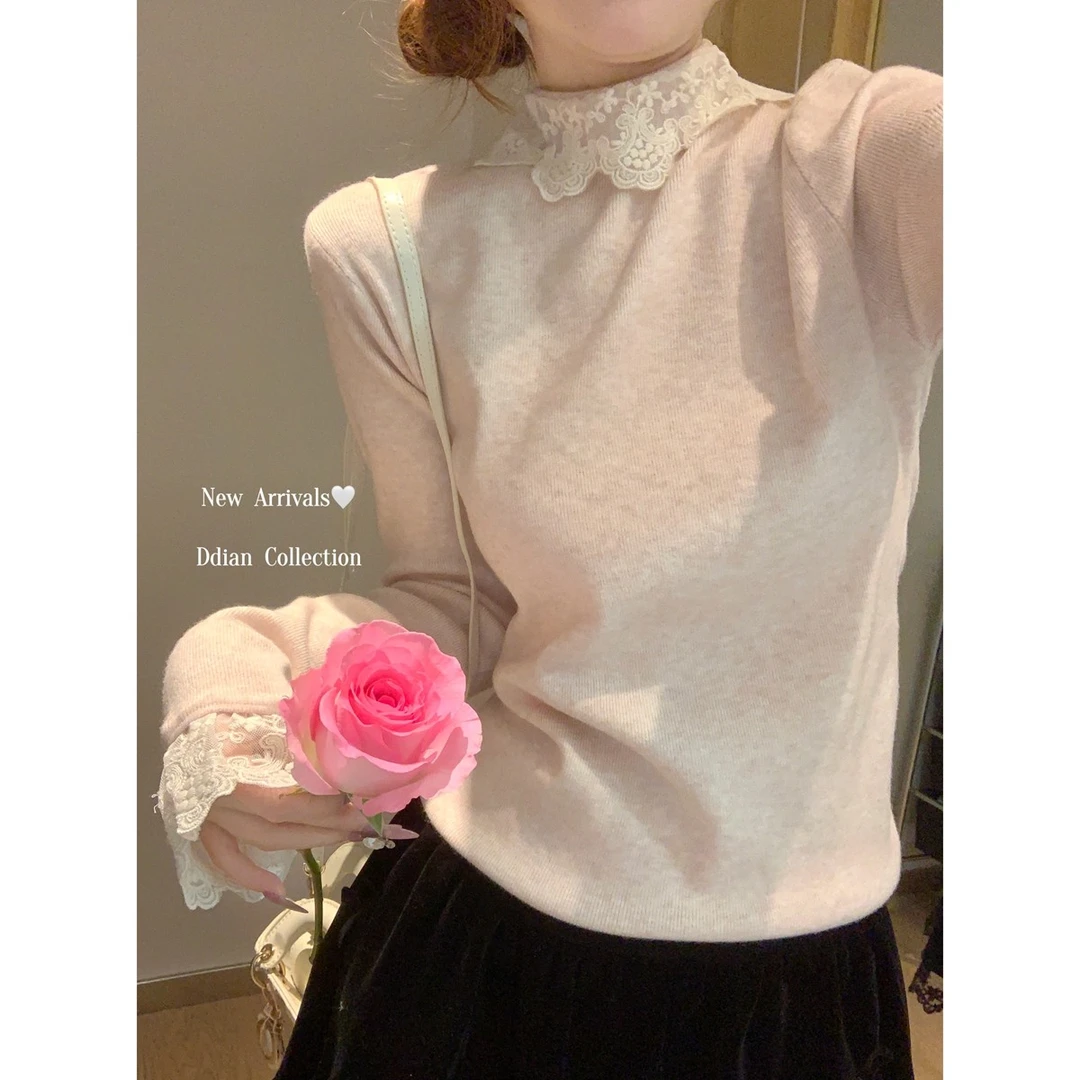 秋冬季安迪绒蕾丝拼接半高领打底衫女纯欲内搭针织衫洋气毛衣上衣