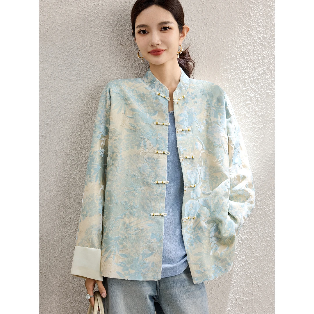 DUCURNO新中式植绒印花外套女秋季2025新款复古国风气质上衣大码