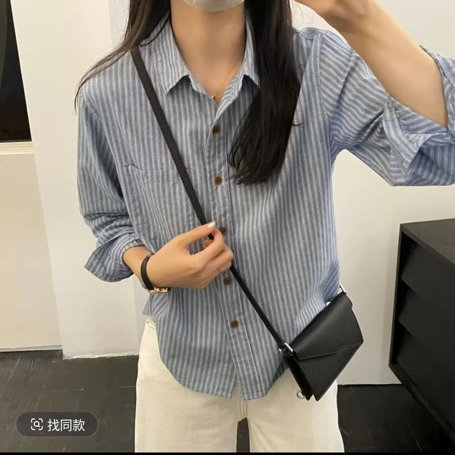 蓝色衬衫女蓝色竖条纹衬衣高级穿搭通勤女装