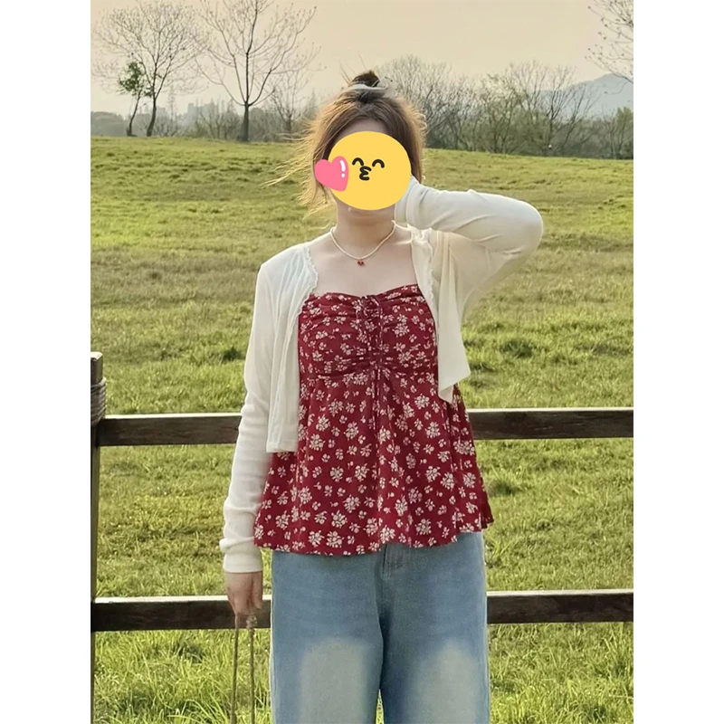 2025夏季女韩系温柔甜美碎花吊带上衣防晒纯欲开衫收腰显瘦两件套