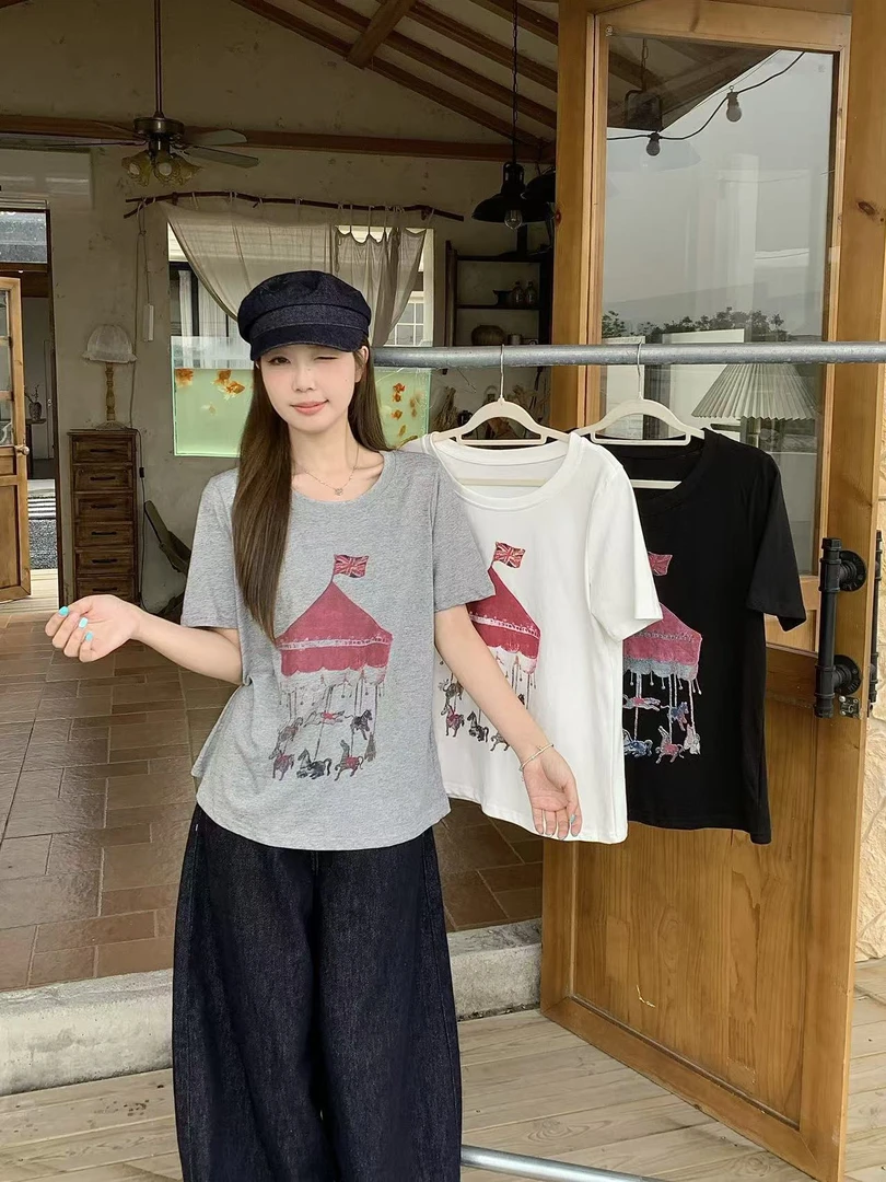 韩系圆领旋转木马印花短袖T恤女2025夏季新款大码女装胖m百搭显瘦