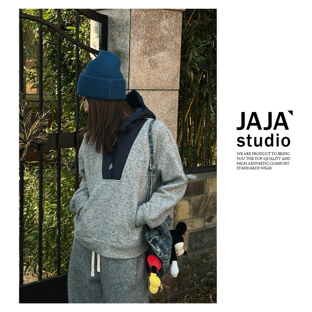 『JAJA佳一』通勤新贵~夹棉半拉链加绒分割线连帽卫衣
