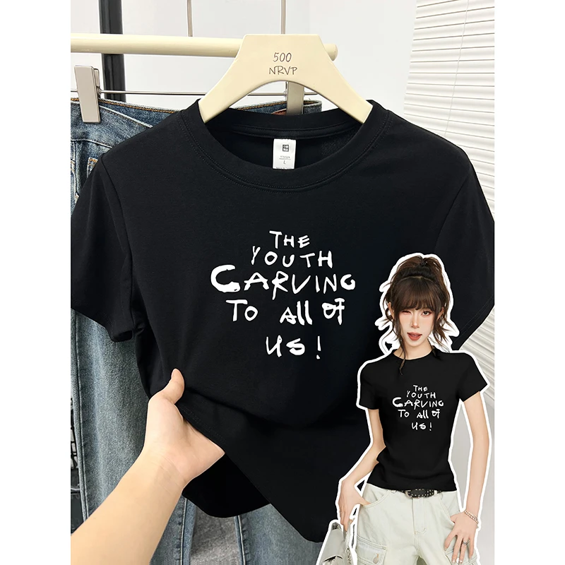 黑色显瘦设计感短袖t恤微胖女生穿搭正肩修身高弹力大码女装上衣