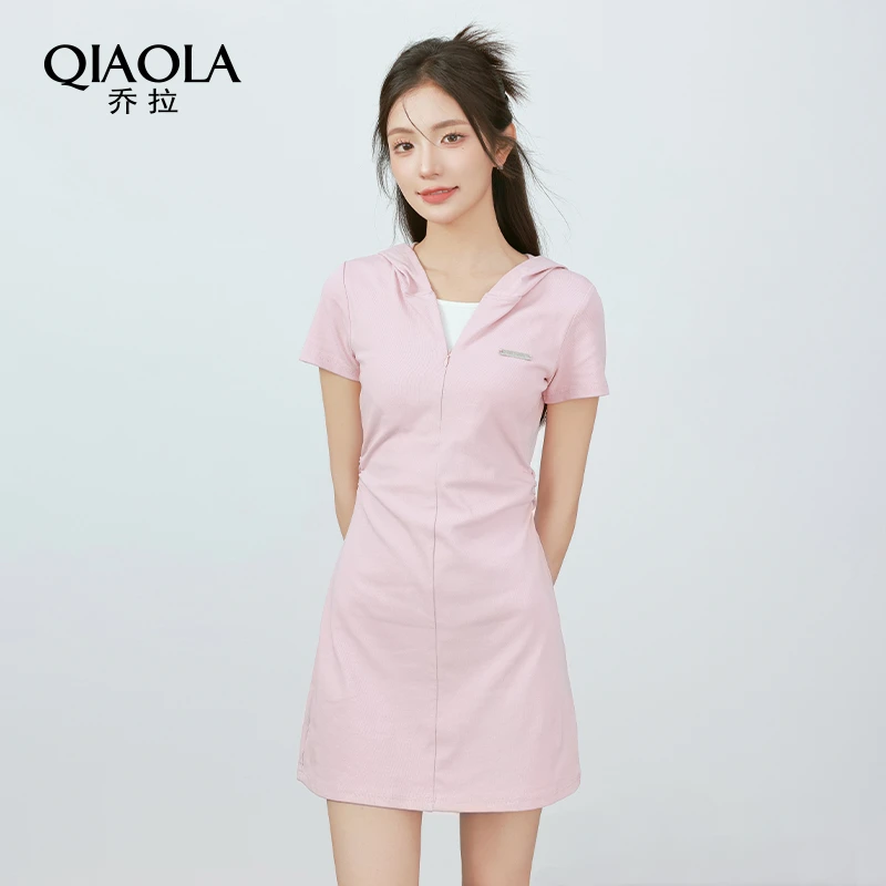 QIAOLA/乔拉【樱岛游记】夏季弹力针织假两件连帽街头休闲A版连衣裙