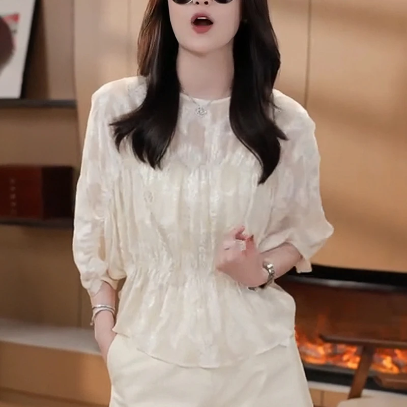 圆领提花杏色衬衫女士2025夏季时尚显瘦洋气轻奢高级感七分袖上衣