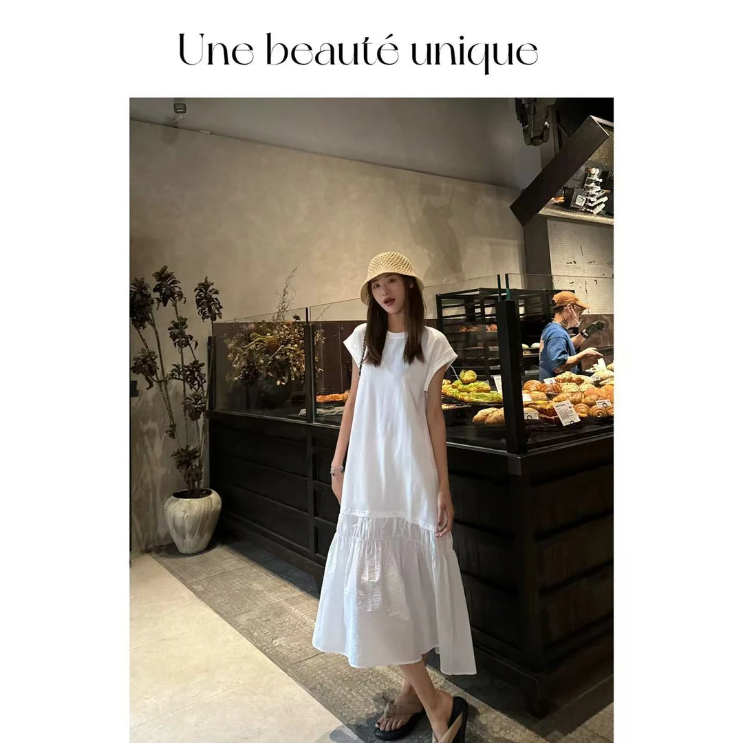 【艾泽奈】时尚休闲减龄宽松纯色简约法式优雅白色连衣裙
