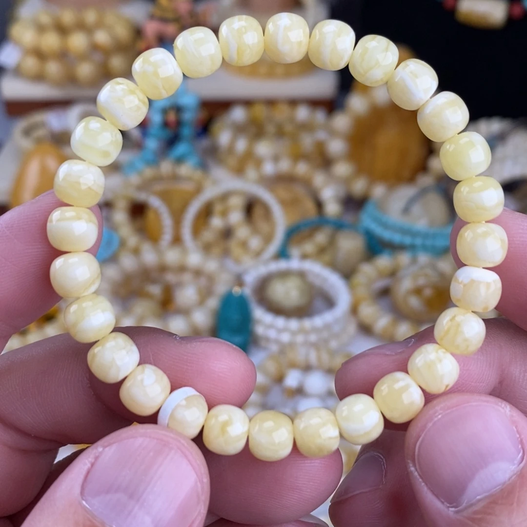 蜜蜡未镶嵌手链瓷白细纹蜡实虎皮纹7.6mm高桩