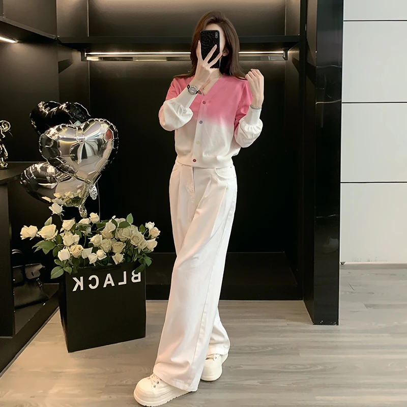 网红早秋穿搭时尚洋气长袖针织开衫显瘦高腰白色牛仔阔腿裤两件套