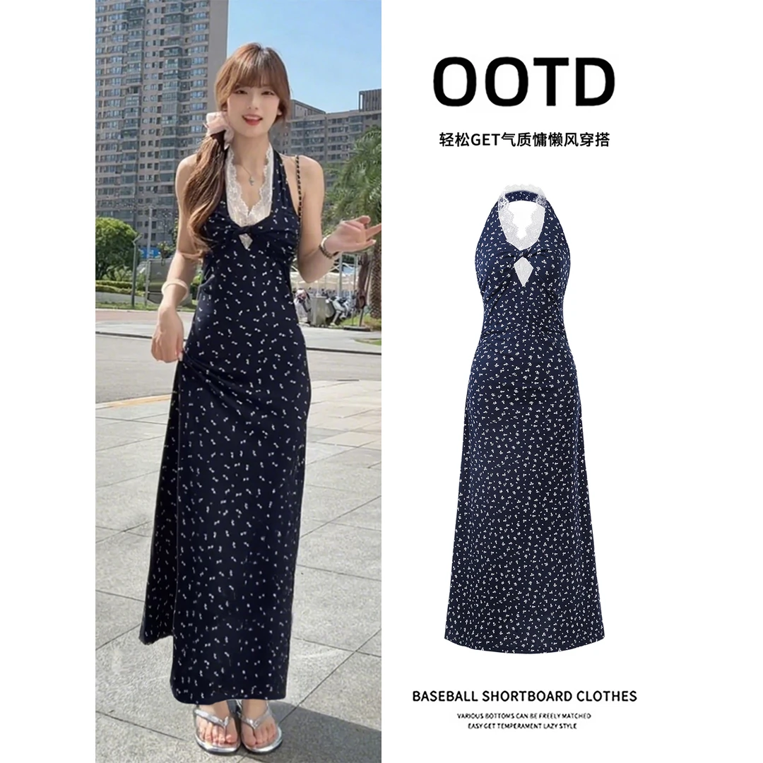 藏蓝色碎花挂脖连衣裙女夏日绝美法式收腰显瘦小裙子气质修身长裙