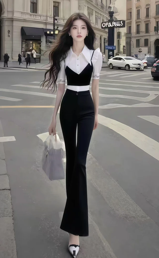 温婉知性气质穿搭撞色拼接短袖衬衫上衣+黑色高腰休闲长裤两件套