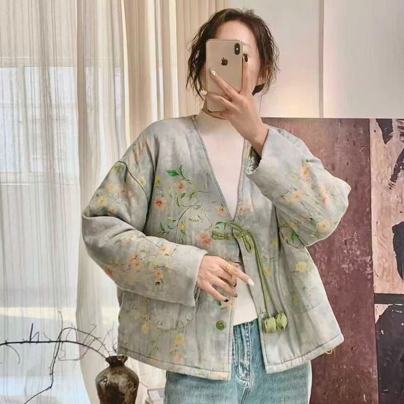 343棉服短款（v领蓝色小花）秋冬汉元素中国风宽松型新中式厚棉袄