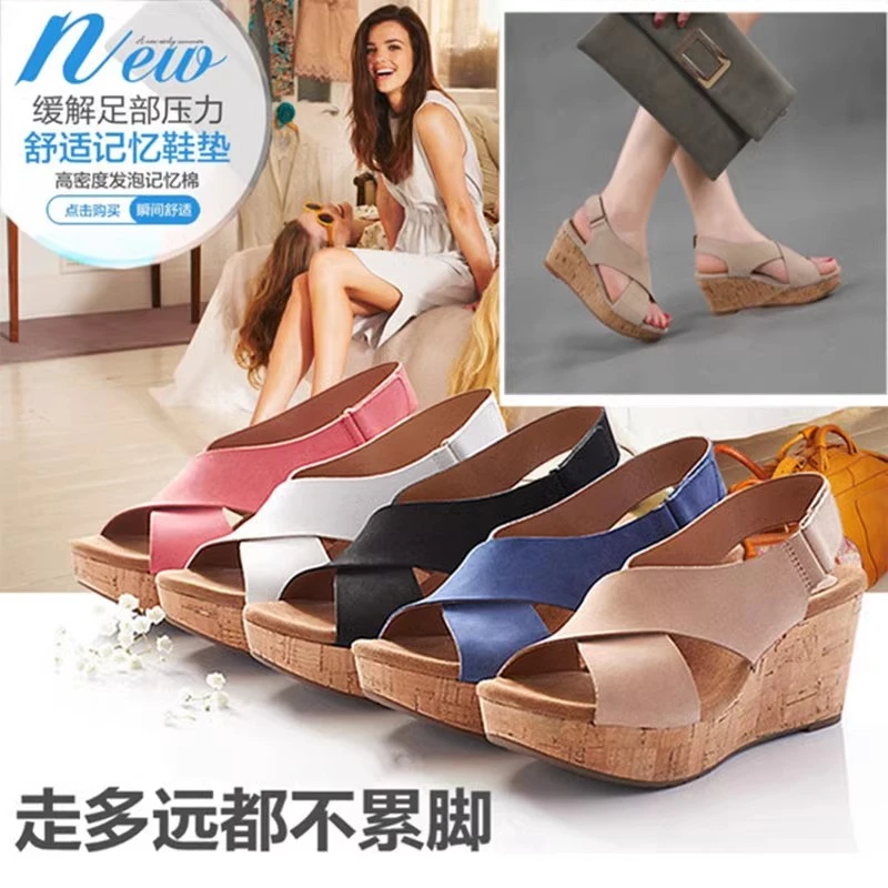 减龄舒适坡跟凉鞋女不累脚软底防滑夏季厚底真皮8厘米性感高跟鞋