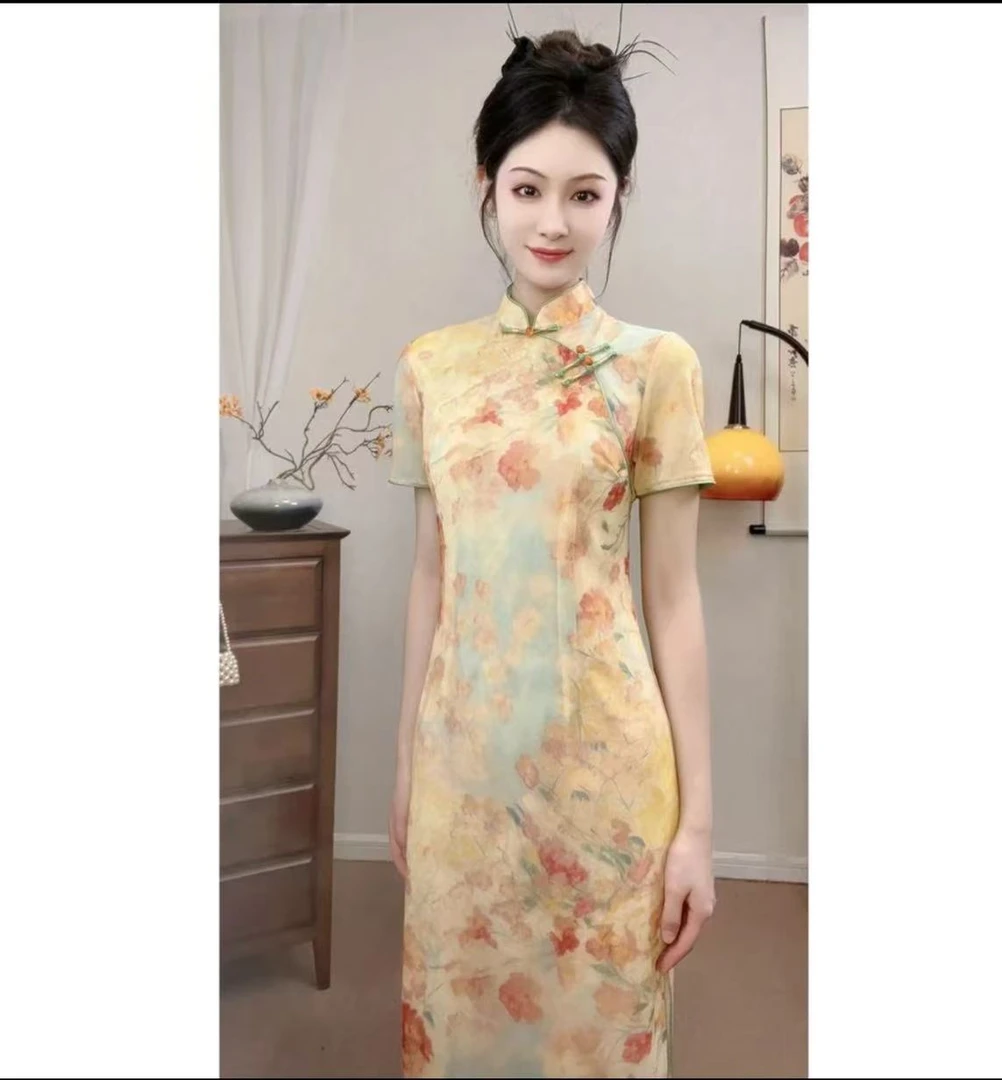 【为伊-花未眠】2025新款夏季新中式中长款双层复古气质旗袍日常