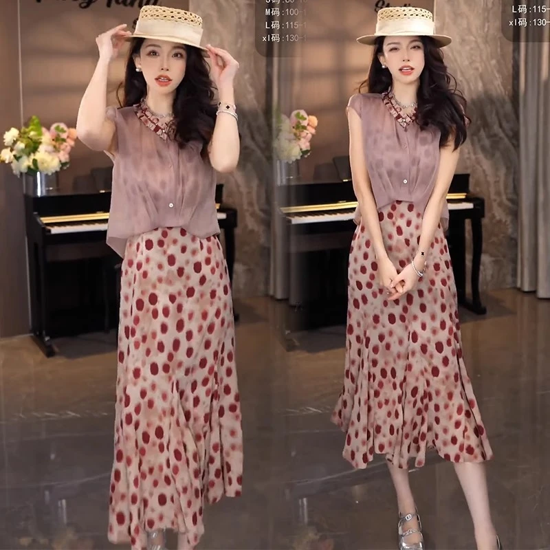 法式气质波点连衣裙套装女2025夏季绝美洋气无袖鱼尾裙长裙两件套